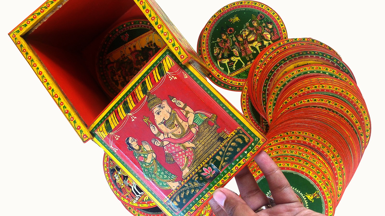 "handpainted and designed wooden box for Ganjifa cards indiaartndesign"